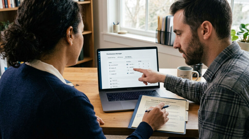 Business owner and IT specialist reviewing data permissions beside a vendor agreement.