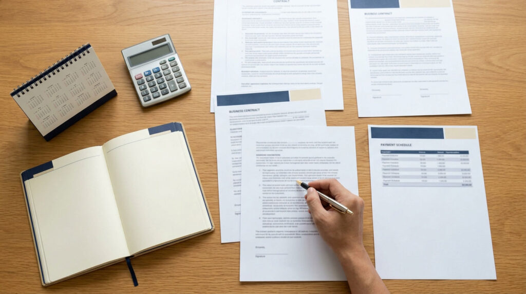 Contract, payment schedule, calculator, and calendar arranged for a business agreement review.