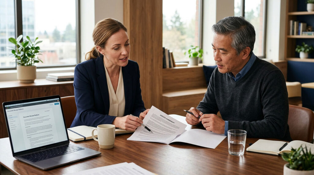 Business partners reviewing contract terms beside a laptop.