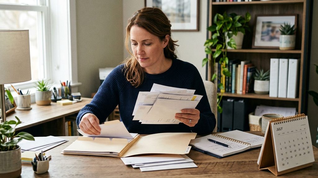 Person organizing collection letters and payment records beside a calendar.