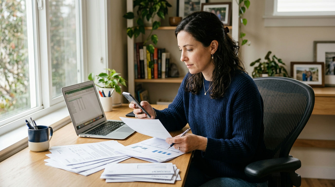 Person reviewing a debt collection message beside account statements.