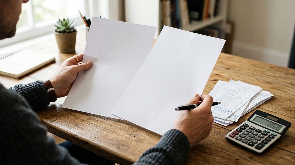 Person comparing a debt validation notice with account statements at a desk.