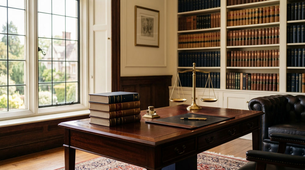 Elegant law office with a wooden desk holding stacked legal books, brass scales of justice, and a pen on a leather writing pad, surrounded by shelves of law volumes and a large window overlooking a garden.